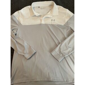 Under Armour Golf Polo Shirt Men's 2XL Loose Fit White Gray Long Sleeve